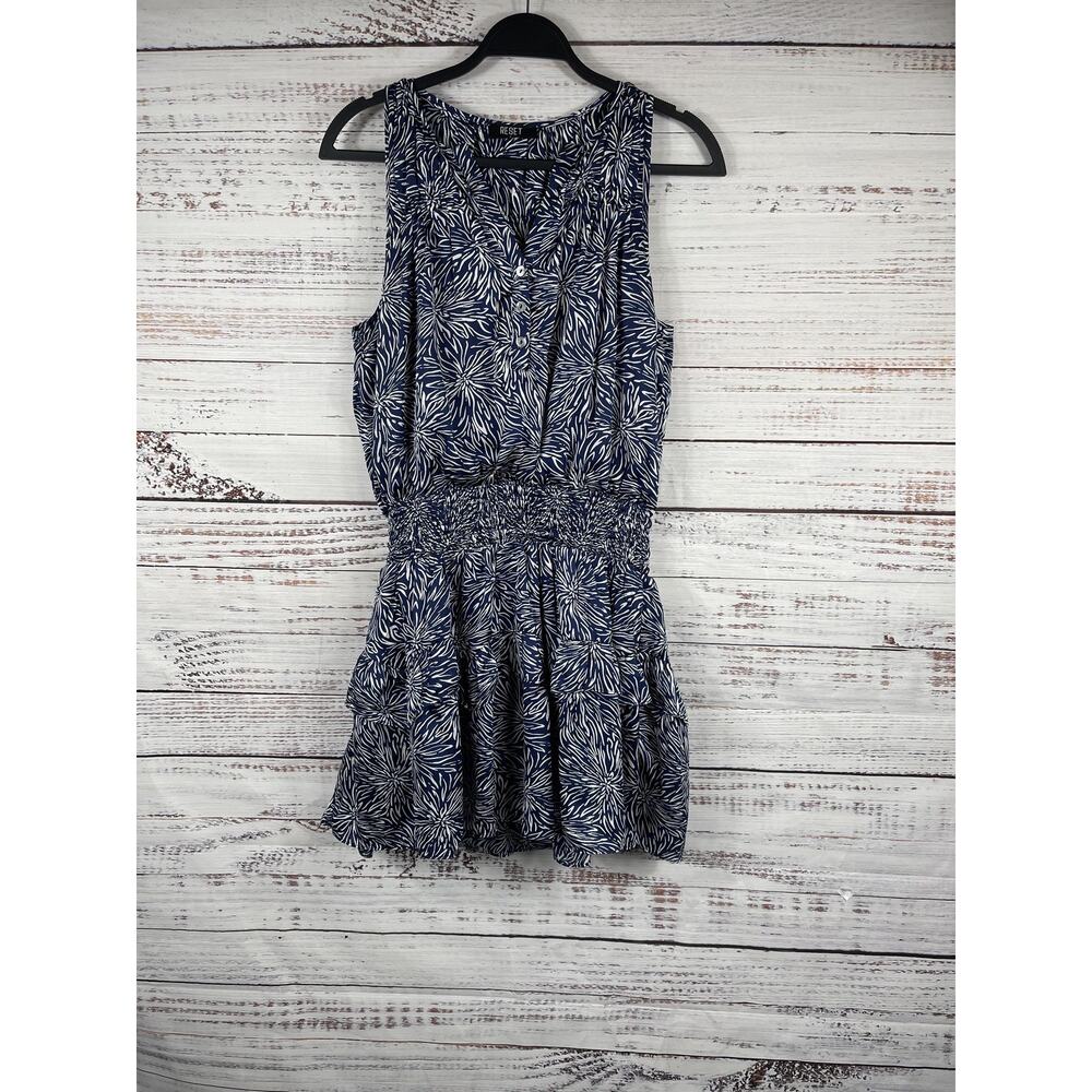Reset Dress Women's Size L Blue Floral Tiered Ruffle Sleeveless Smocked Waist